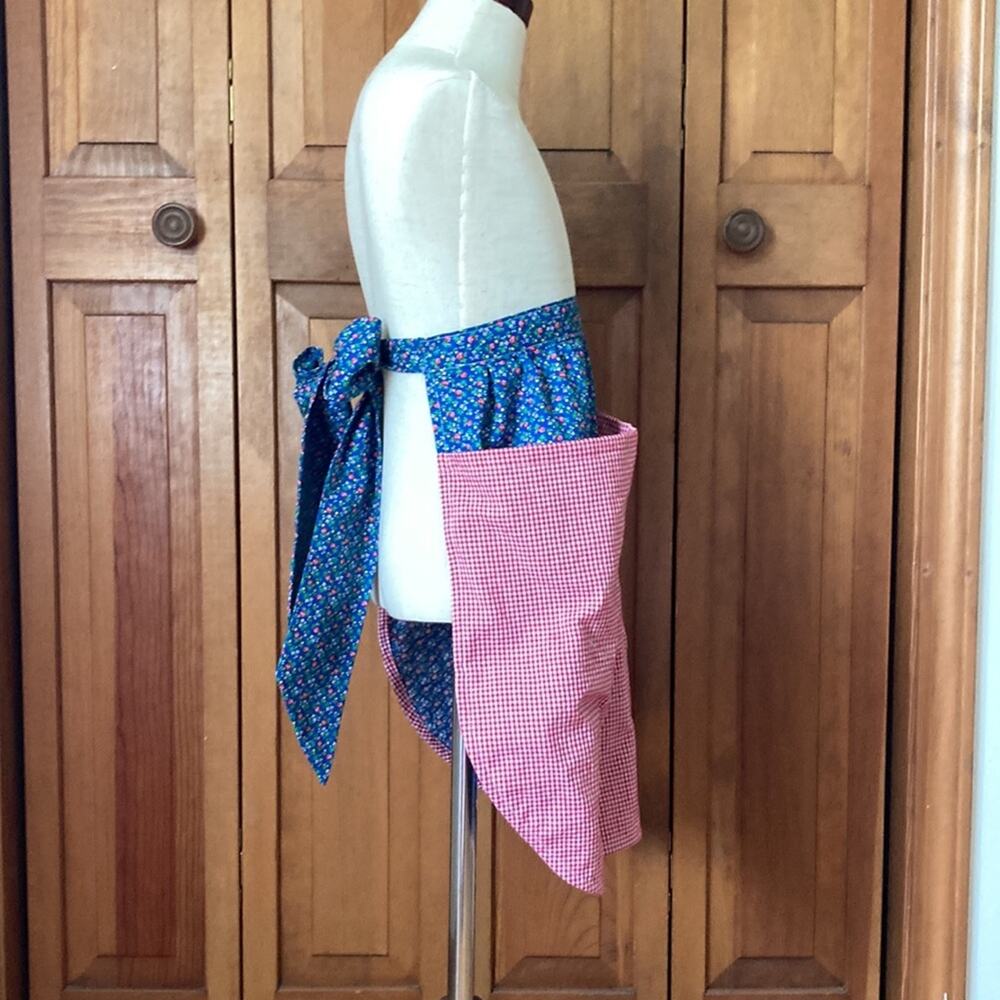 Amanda Made It Red Gingham & Blue Calico Half Apron, Girls Size 10/12